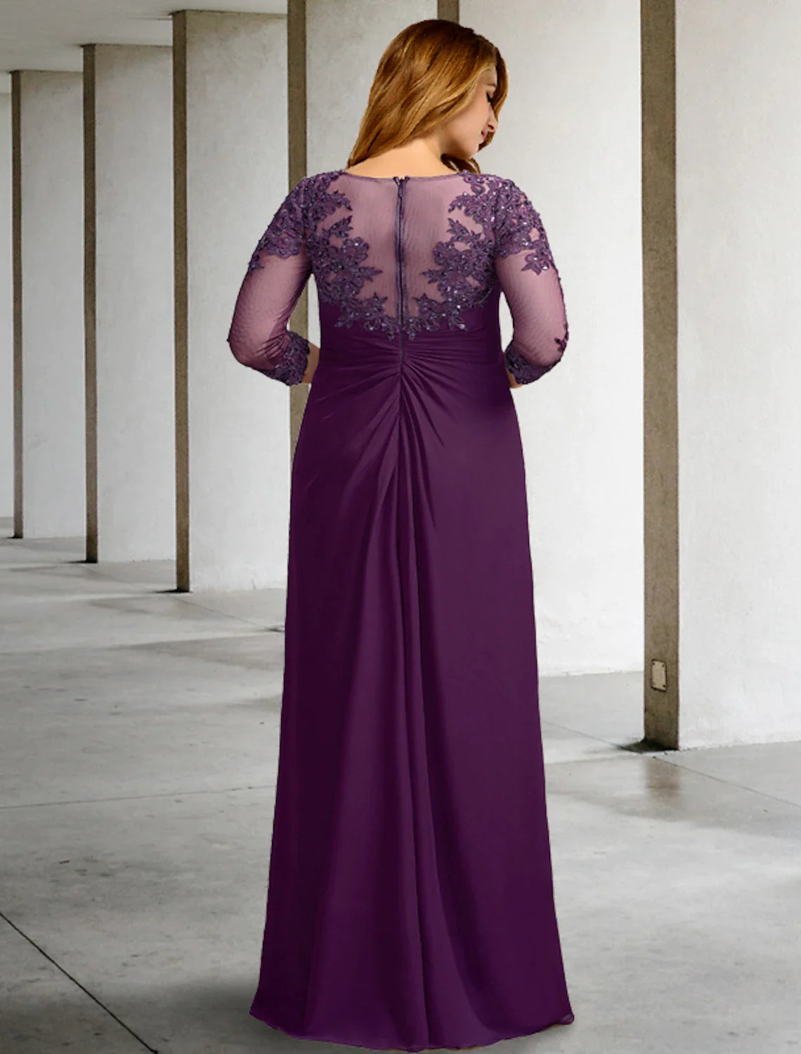 Wholesale Sheath / Column Plus Size Curve Mother of the Bride Dresses Elegant Dress Formal Wedding Guest Floor Length Half Sleeve Jewel Neck Chiffon with Ruched Beading Appliques